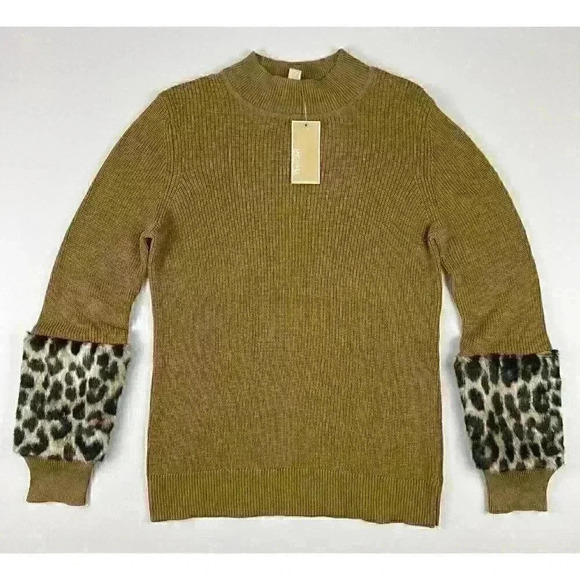 NEW! MICHAEL Michael Kors Women's L Faux Fur Cuff Sweater In Dark Camel NWT $150 - Picture 1 of 3